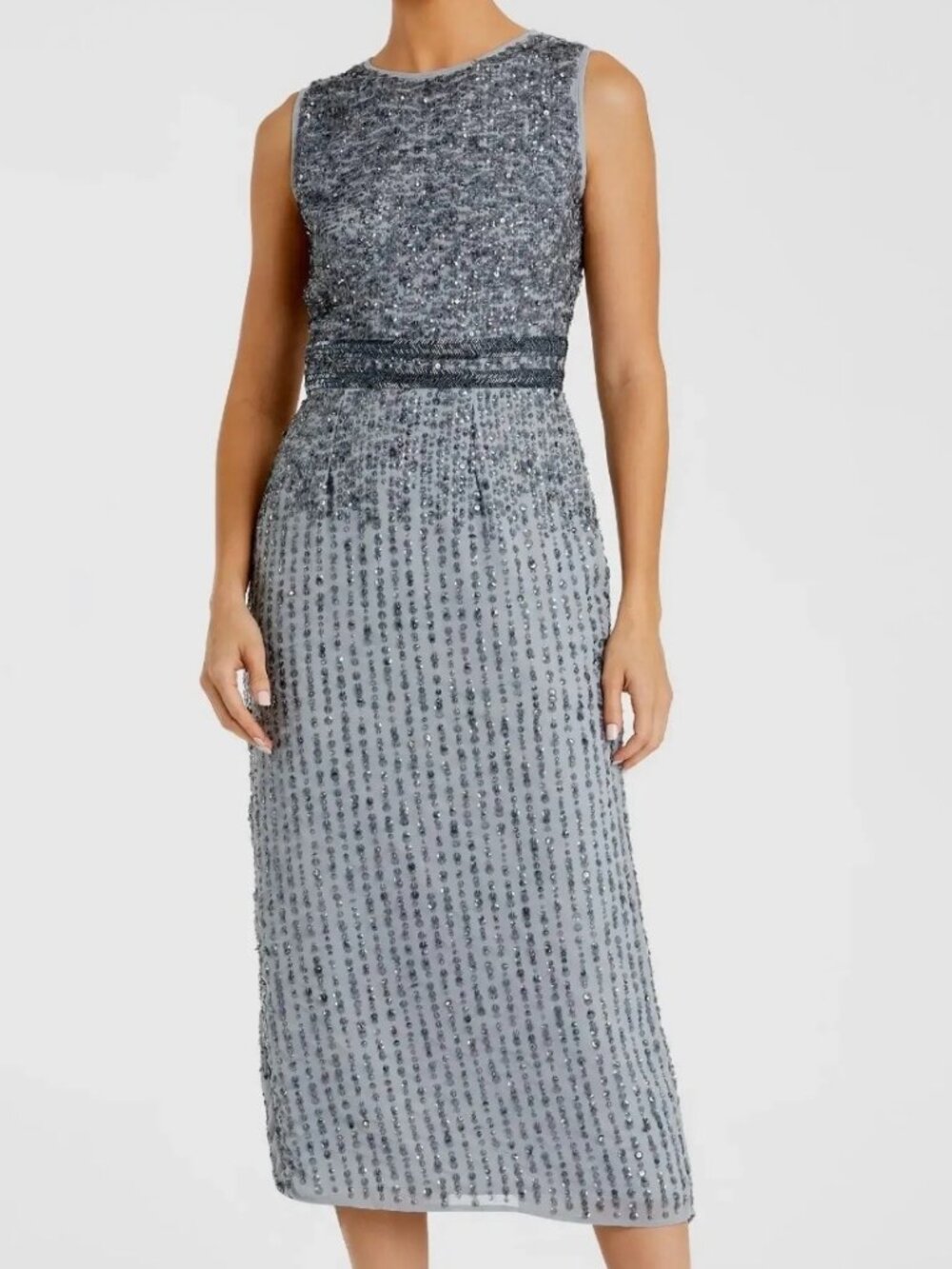 Mac Duggal Platinum Beaded High Neck Midi Sheath NWT sz 2